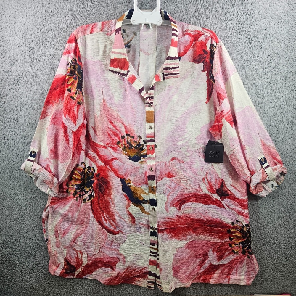 NEW John Mark Tunic Shirt Top Women 2X Button‎ Up Large Floral Print Pink Red